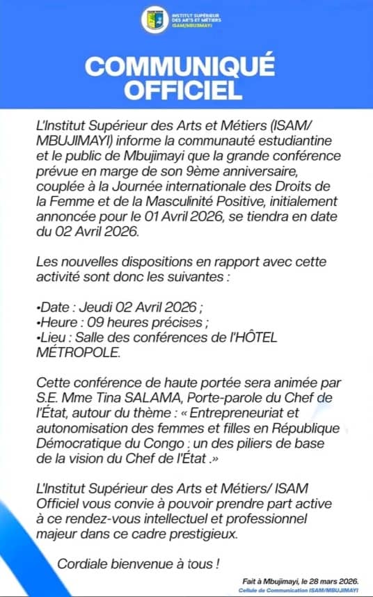 Mbujimayi : La conférence de L&rsquo;ISAM reportée au 02 Avril 2026